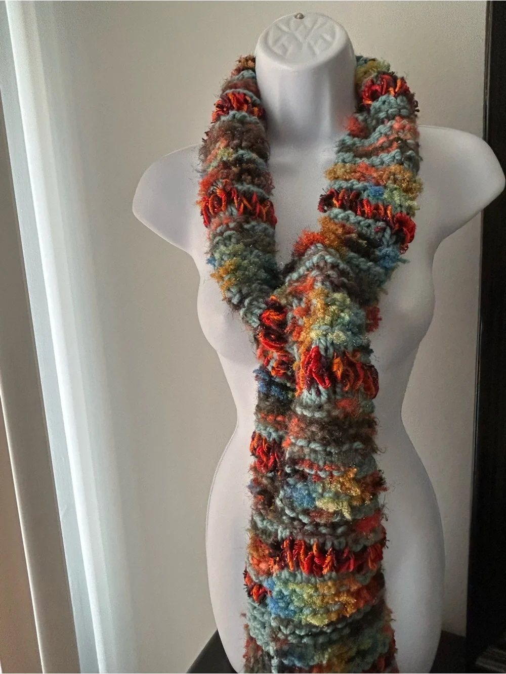 Handmade Multicolor Knit Scarf with Teal and Rust Accents